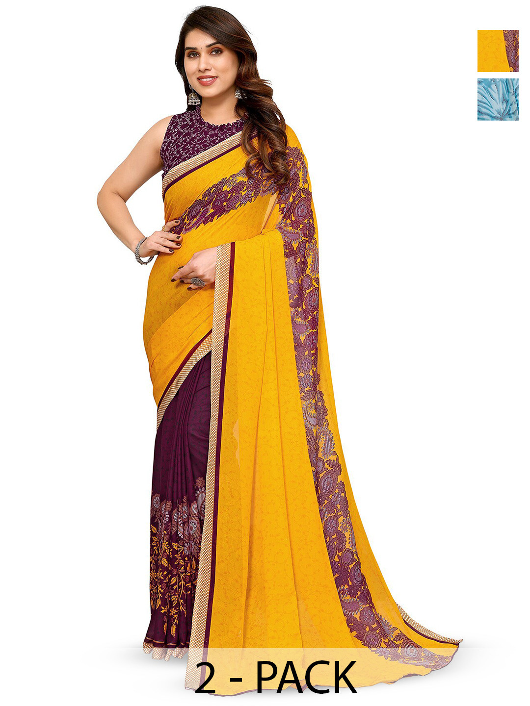 

ANAND SAREES Selection Of 2 Printed Saree, Blue