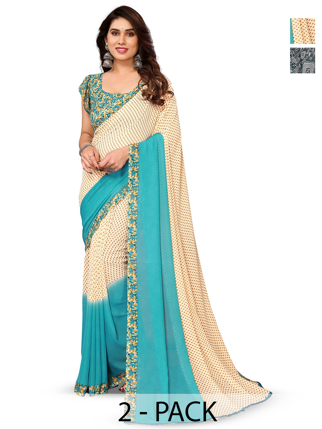 

ANAND SAREES Selection of 2 Printed Georgette Saree, Cream