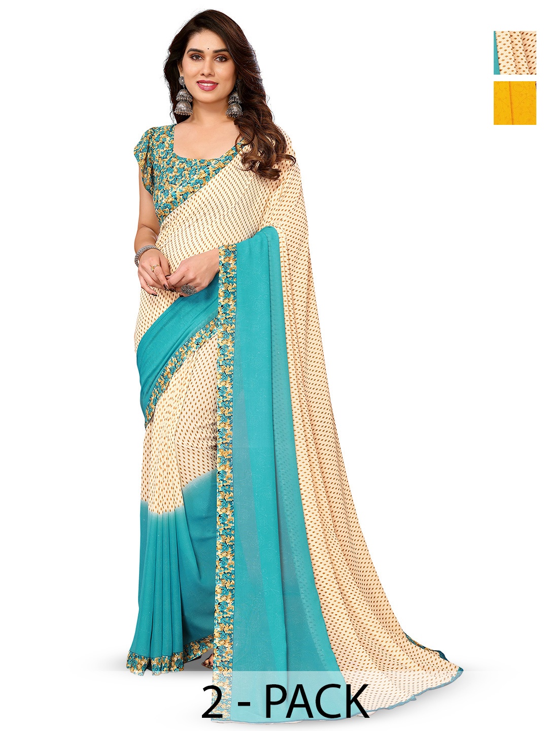 

ANAND SAREES Selection Of 2 Floral Printed Saree, Beige
