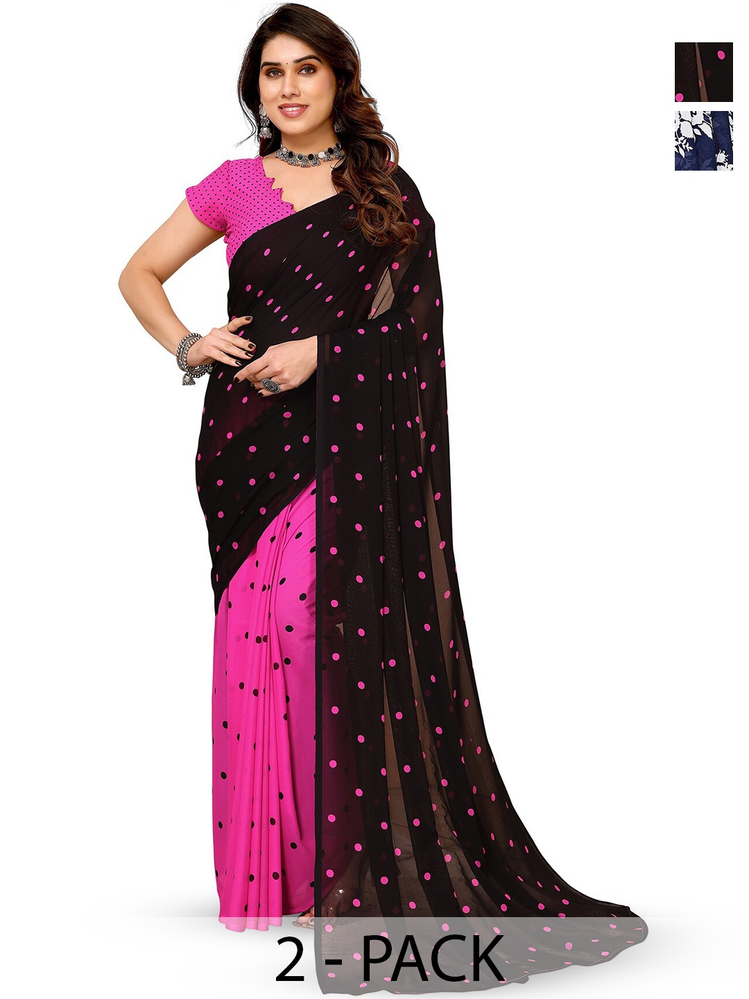 

ANAND SAREES Selection Of 2 Printed Sarees, Blue