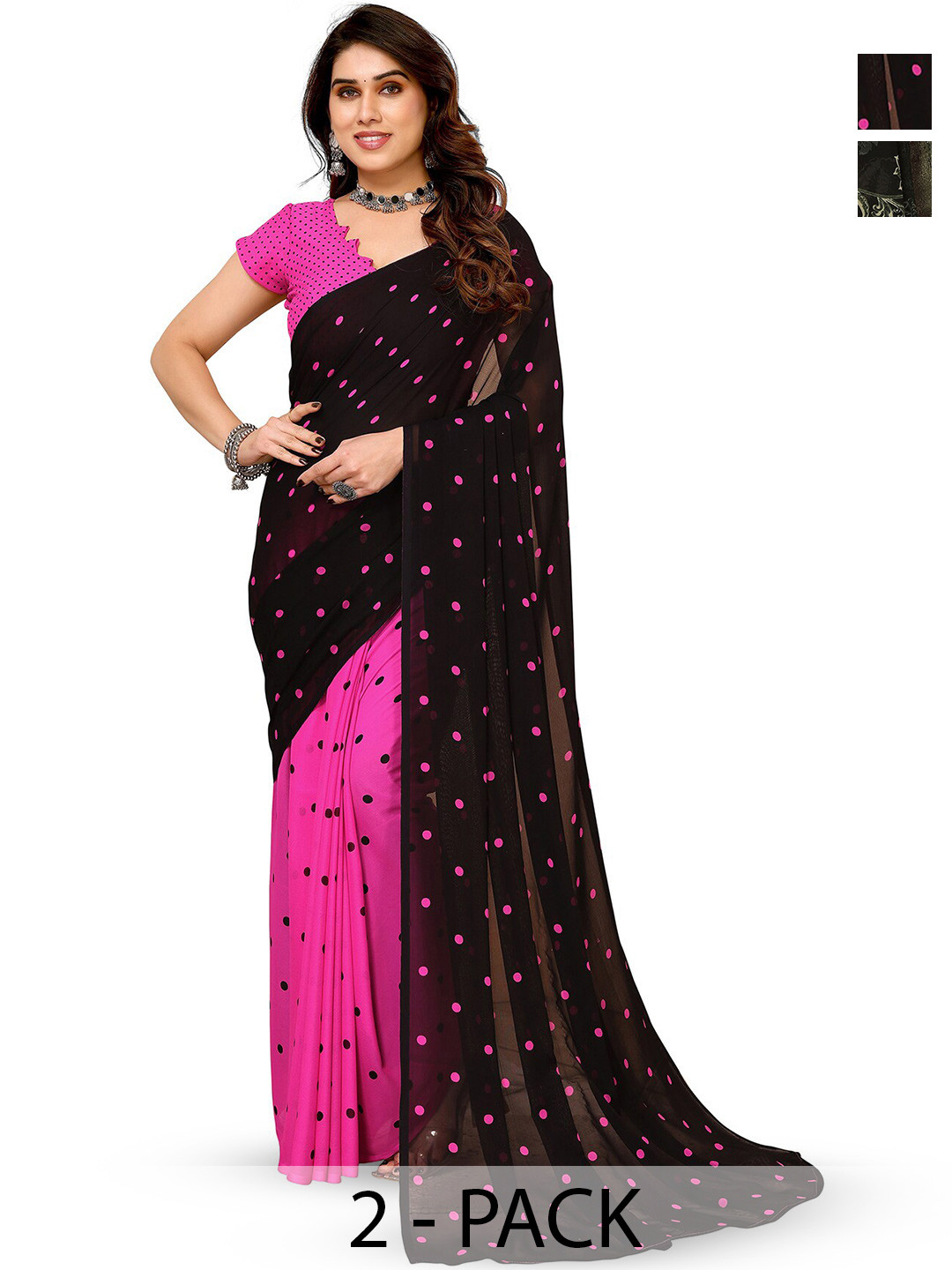 

ANAND SAREES Selection Of 2 Printed Sarees, Black