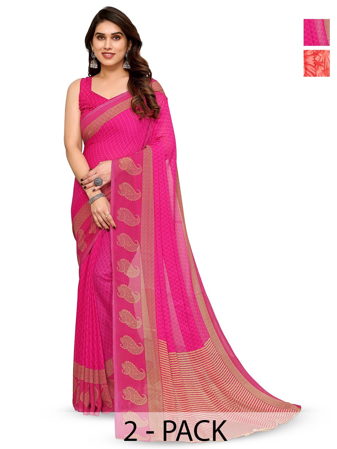 

ANAND SAREES Selection Of 2 Printed Sarees, Pink