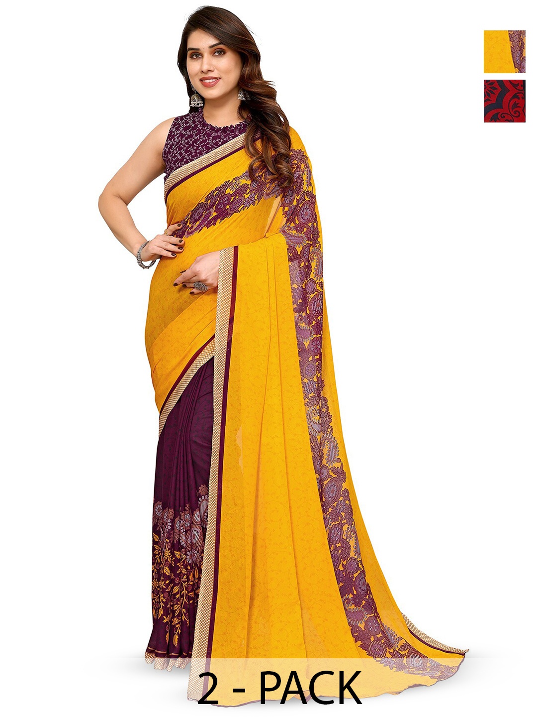 

ANAND SAREES Selection of 2 Printed Georgette Saree, Yellow