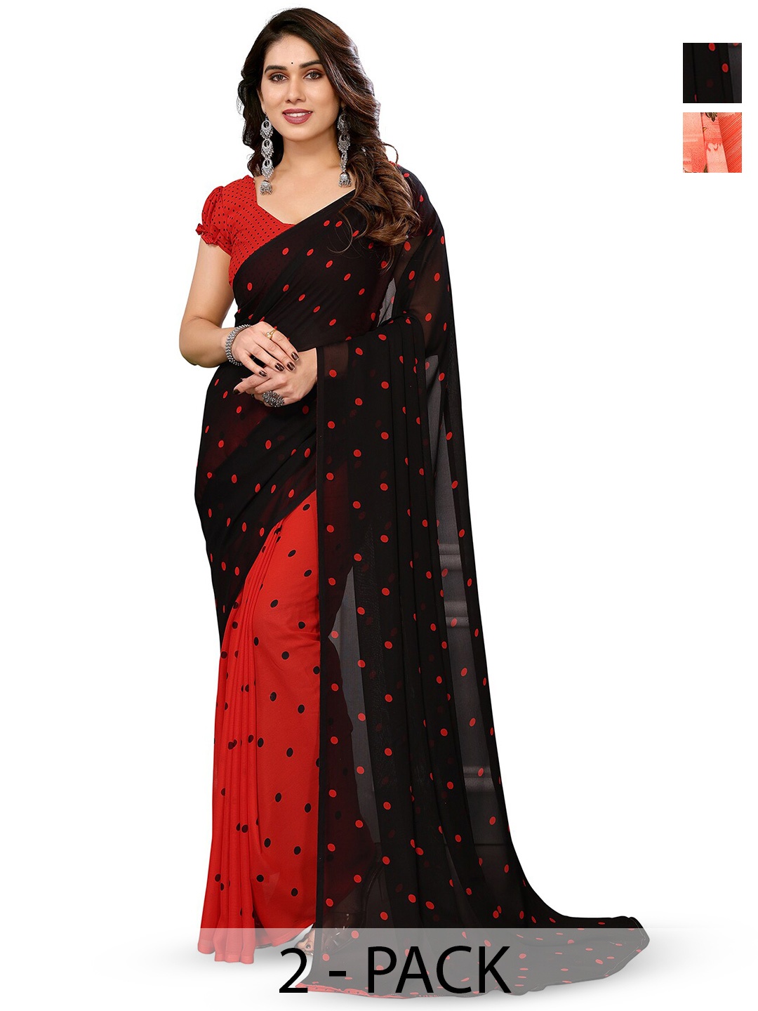 

ANAND SAREES Selection Of 2 Polka Dots Printed Saree, Black