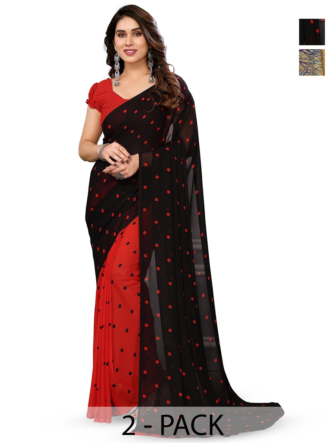 

ANAND SAREES Selection Of 2 Polka Dot Printed Half & Half Sarees, Black