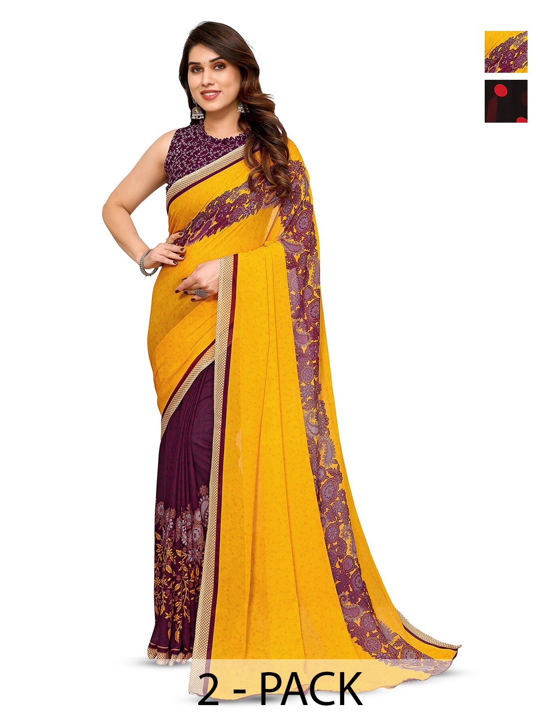 

ANAND SAREES Selection of 2 Floral Printed Sarees, Yellow