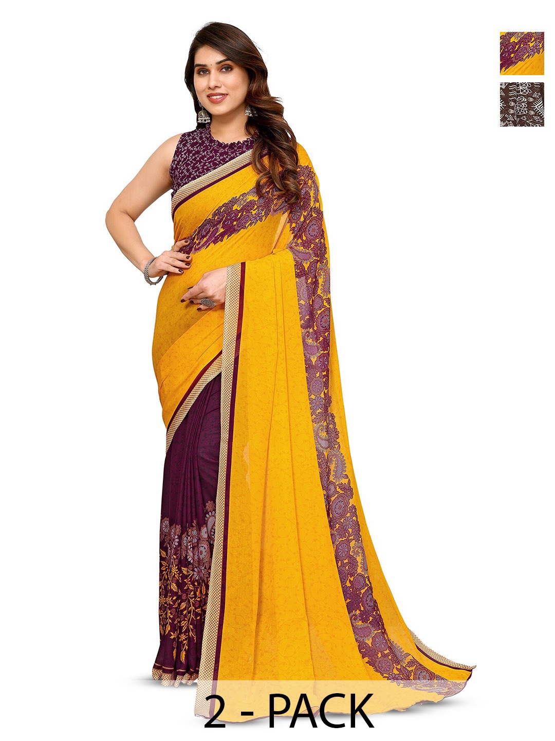 

ANAND SAREES Selection Of 2 Printed Sarees, Yellow