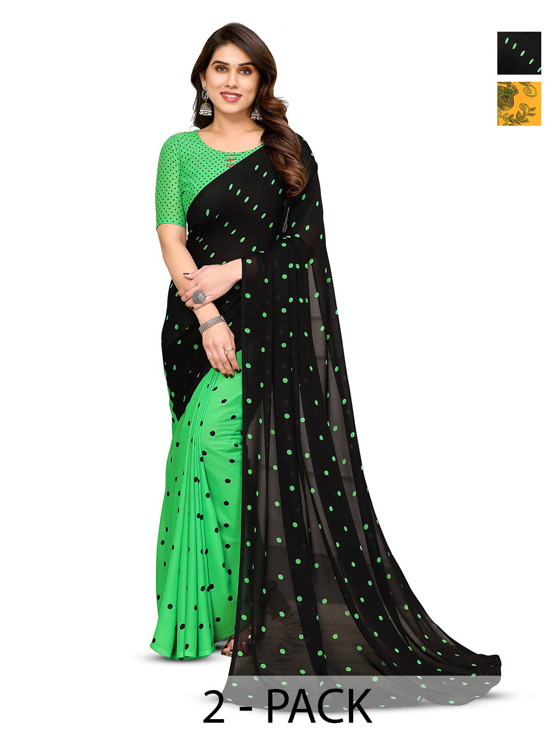 

ANAND SAREES Selection of 2 Polka Dot Printed Sarees, Black