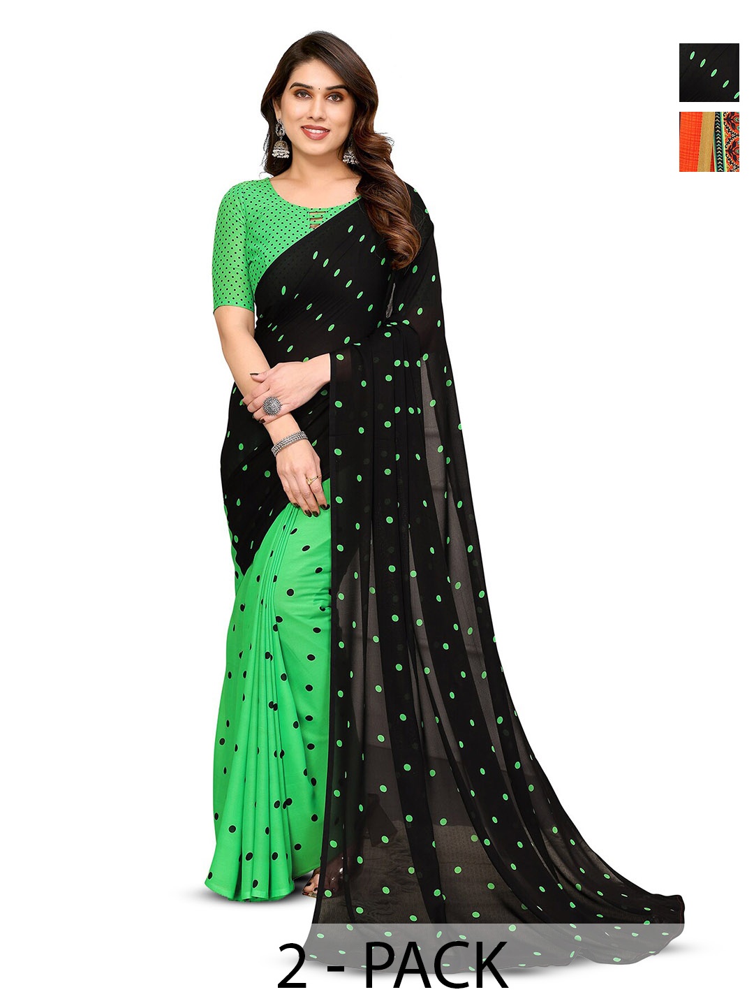 

ANAND SAREES Selection Of 2 Polka Dot Printed Half and Half Saree, Black