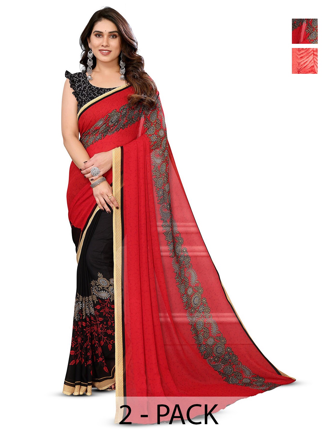 

ANAND SAREES Selection of 2 Abstract Printed Sarees, Red