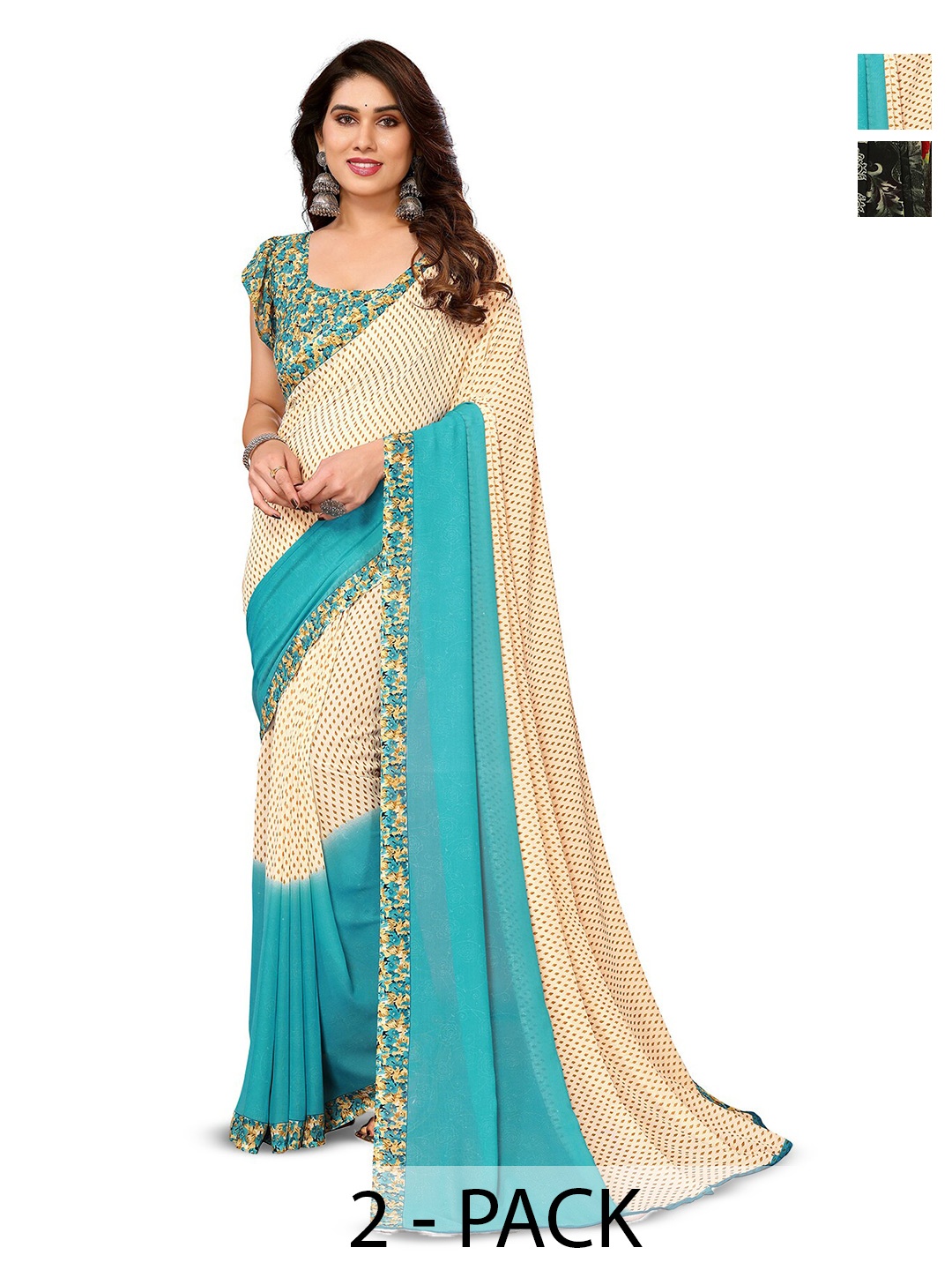 

ANAND SAREES Pack Of 2 Printed Georgette Saree, Cream