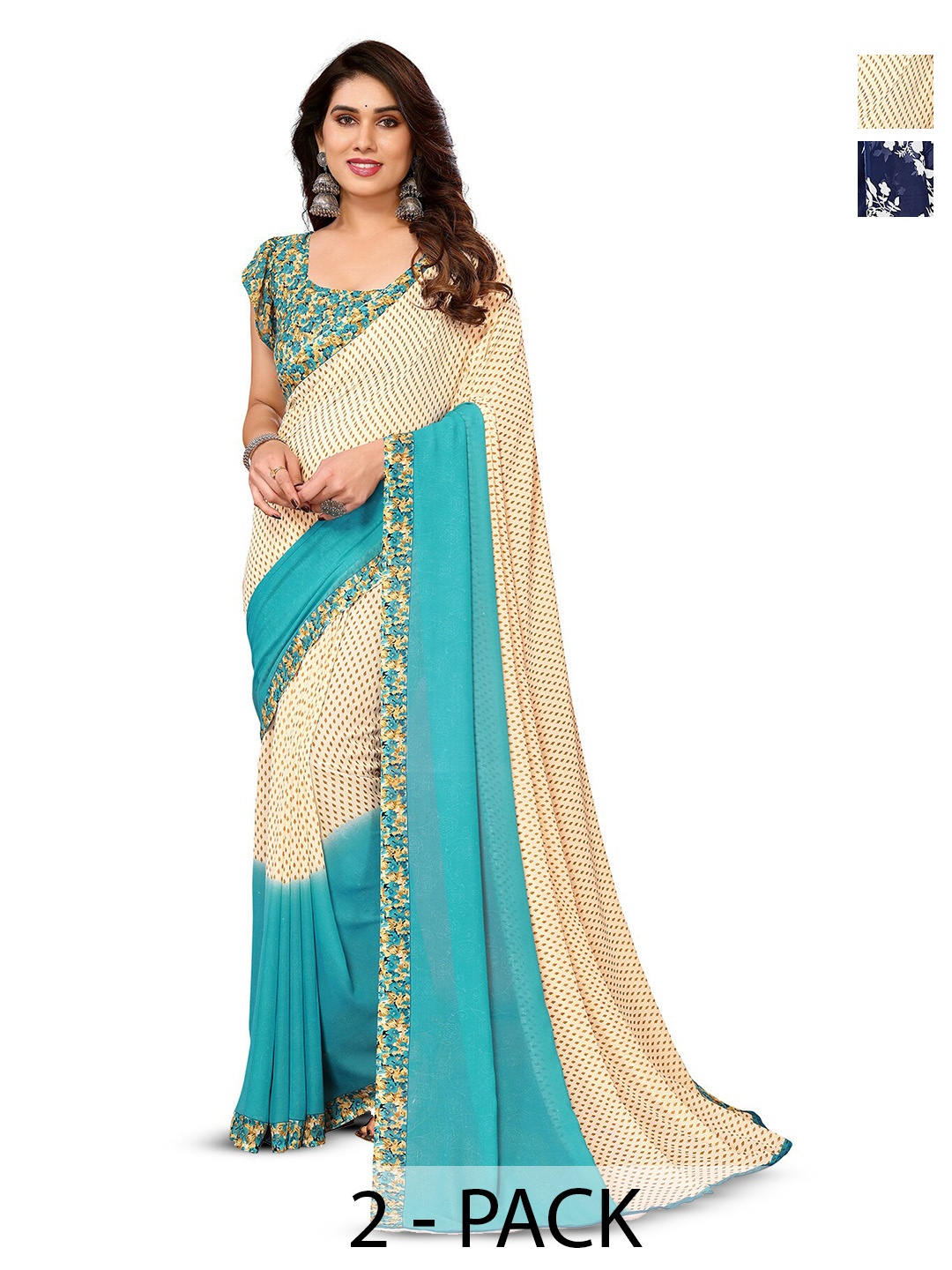 

ANAND SAREES Selection Of 2 Floral Printed Sarees, Blue