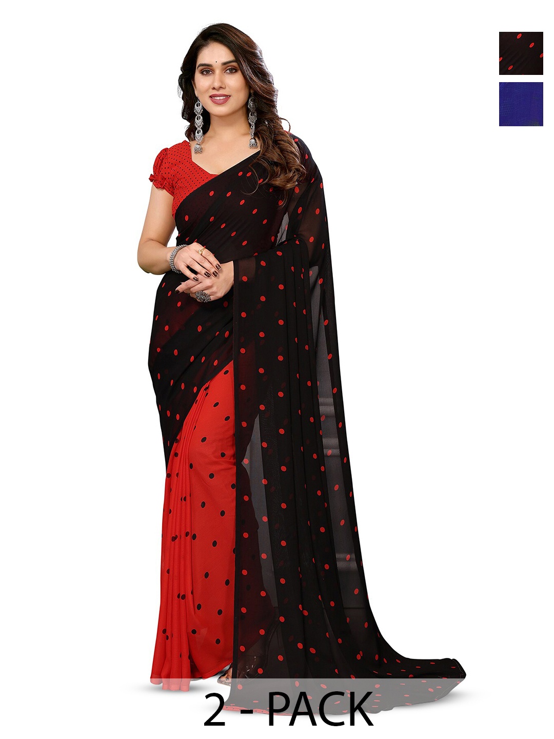 

ANAND SAREES Selection Of 2 Polka Dot Printed Saree, Black