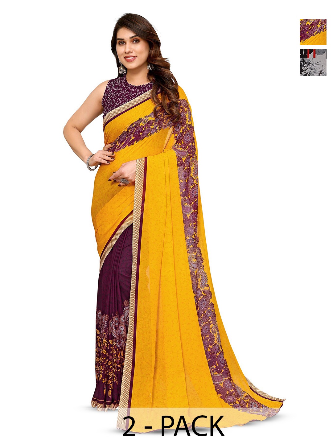 

ANAND SAREES Selection Of 2 Geometric Printed Saree, Orange