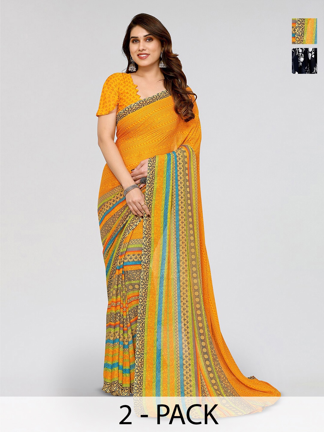 

ANAND SAREES Selection Of 2 Floral Printed Sarees, Black