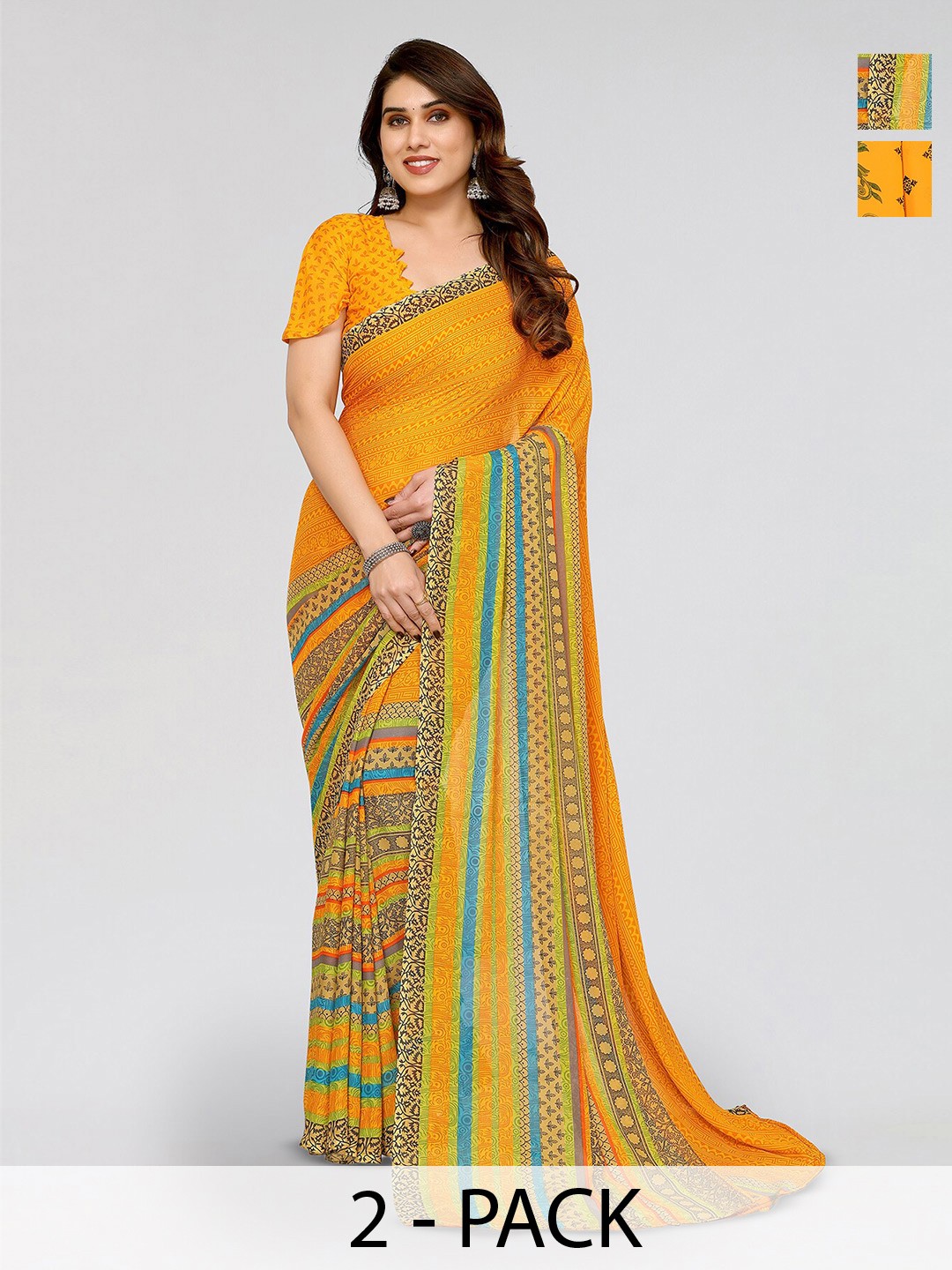 

ANAND SAREES Selection Of 2 Printed Saree, Yellow