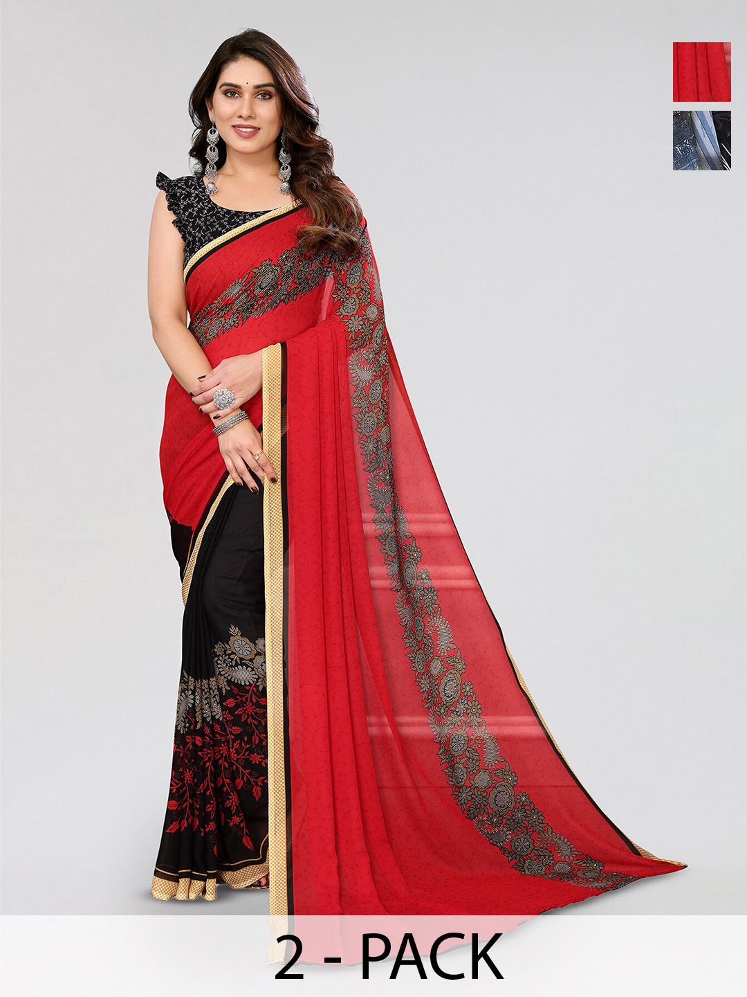 

ANAND SAREES Selection Of 2 Printed Georgette Saree, Black