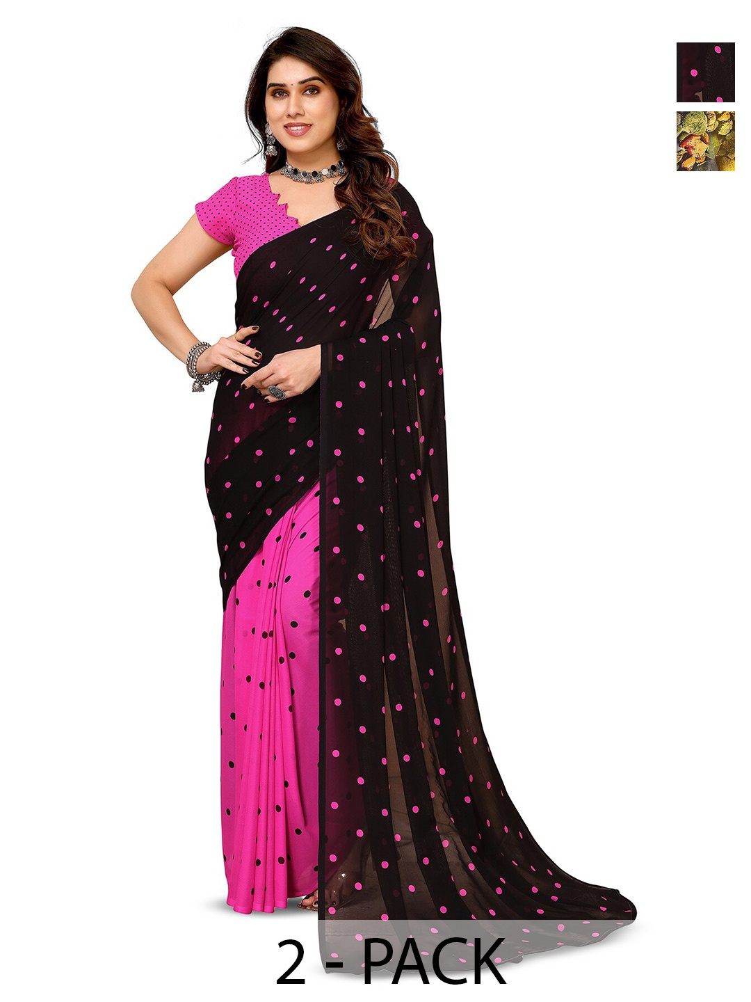 

ANAND SAREES Selection Of 2 Floral Printed Saree, Black