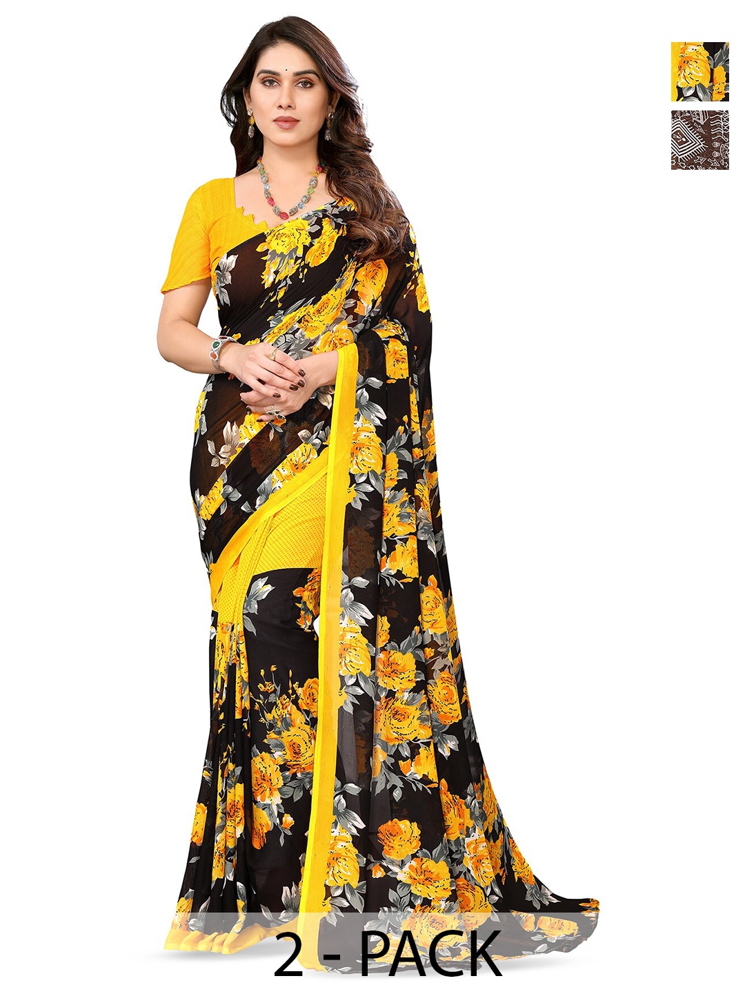 

ANAND SAREES Selection Of 2 Floral Printed Saree, Black