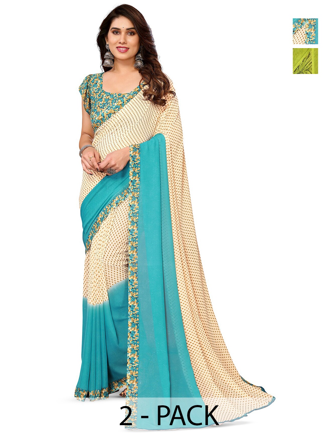 

ANAND SAREES Selection of 2 Floral Printed Sarees, Blue