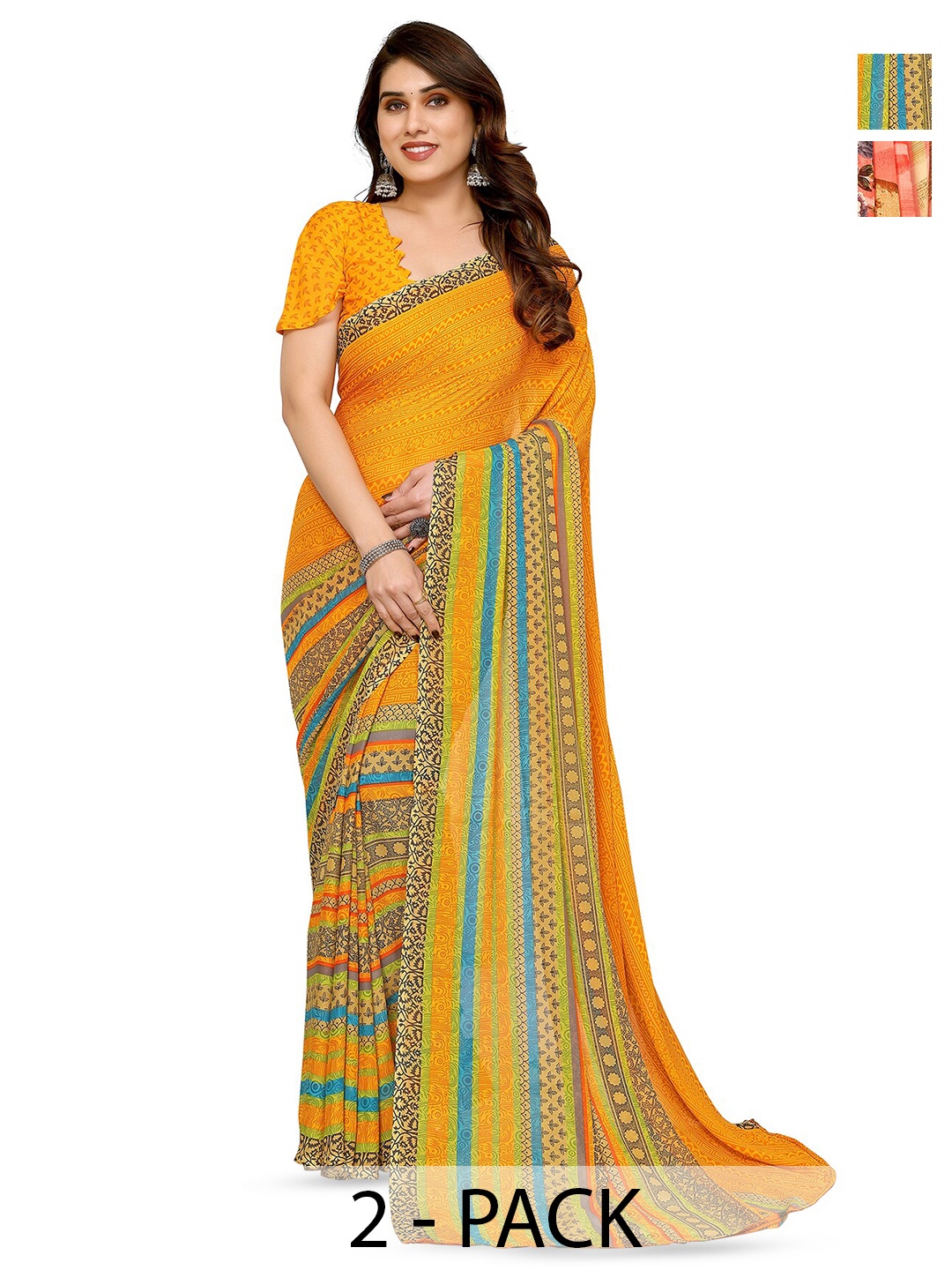 

ANAND SAREES Selection Of 2 Floral Printed Sarees, Peach