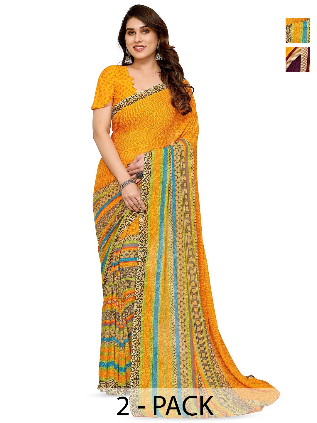 

ANAND SAREES Selection of 2 Printed Georgette Saree, Yellow