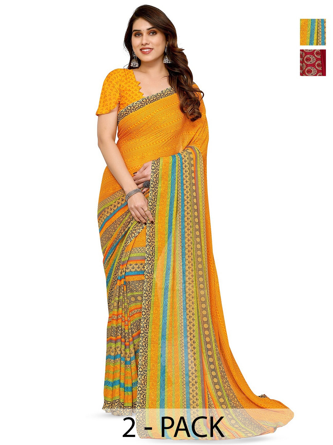 

ANAND SAREES Selection of 2 Ethnic Motifs Printed Sarees, Red