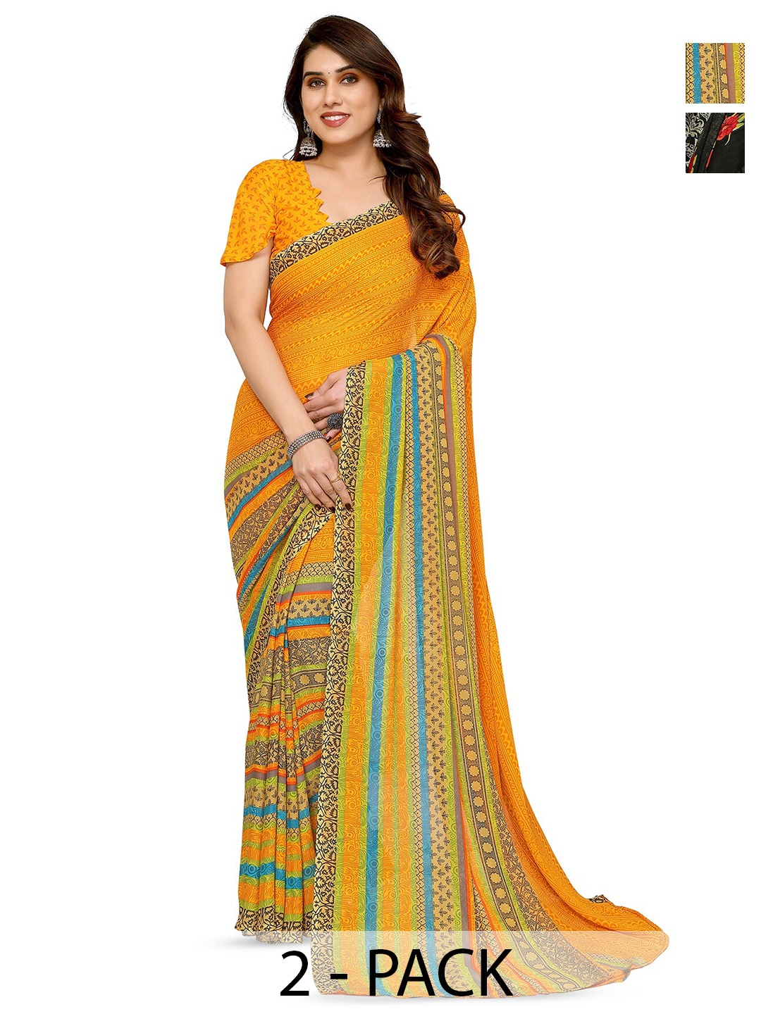 

ANAND SAREES Selection Of 2 Printed Sarees, Yellow