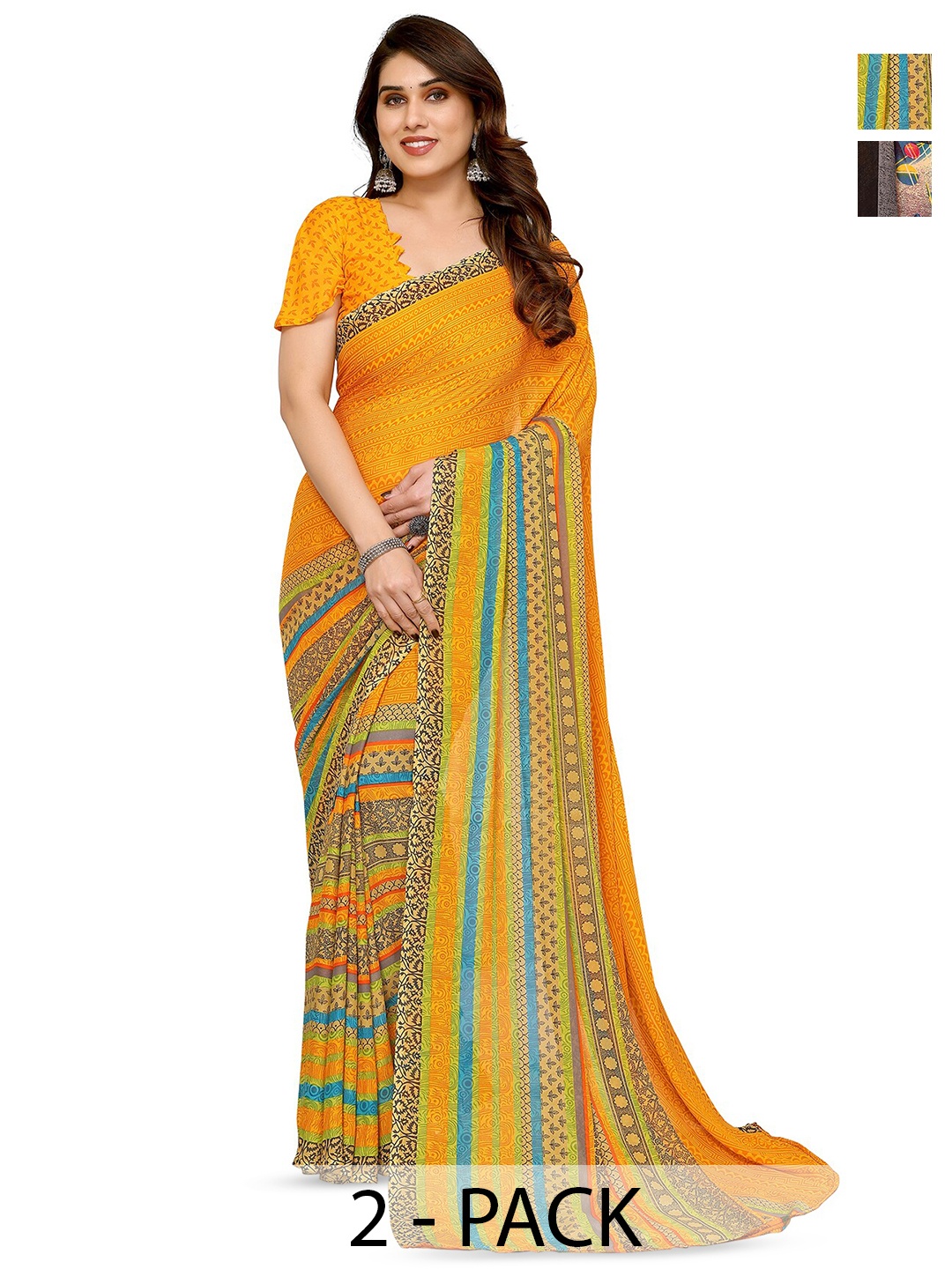 

ANAND SAREES Selection Of 2 Printed Saree, Yellow