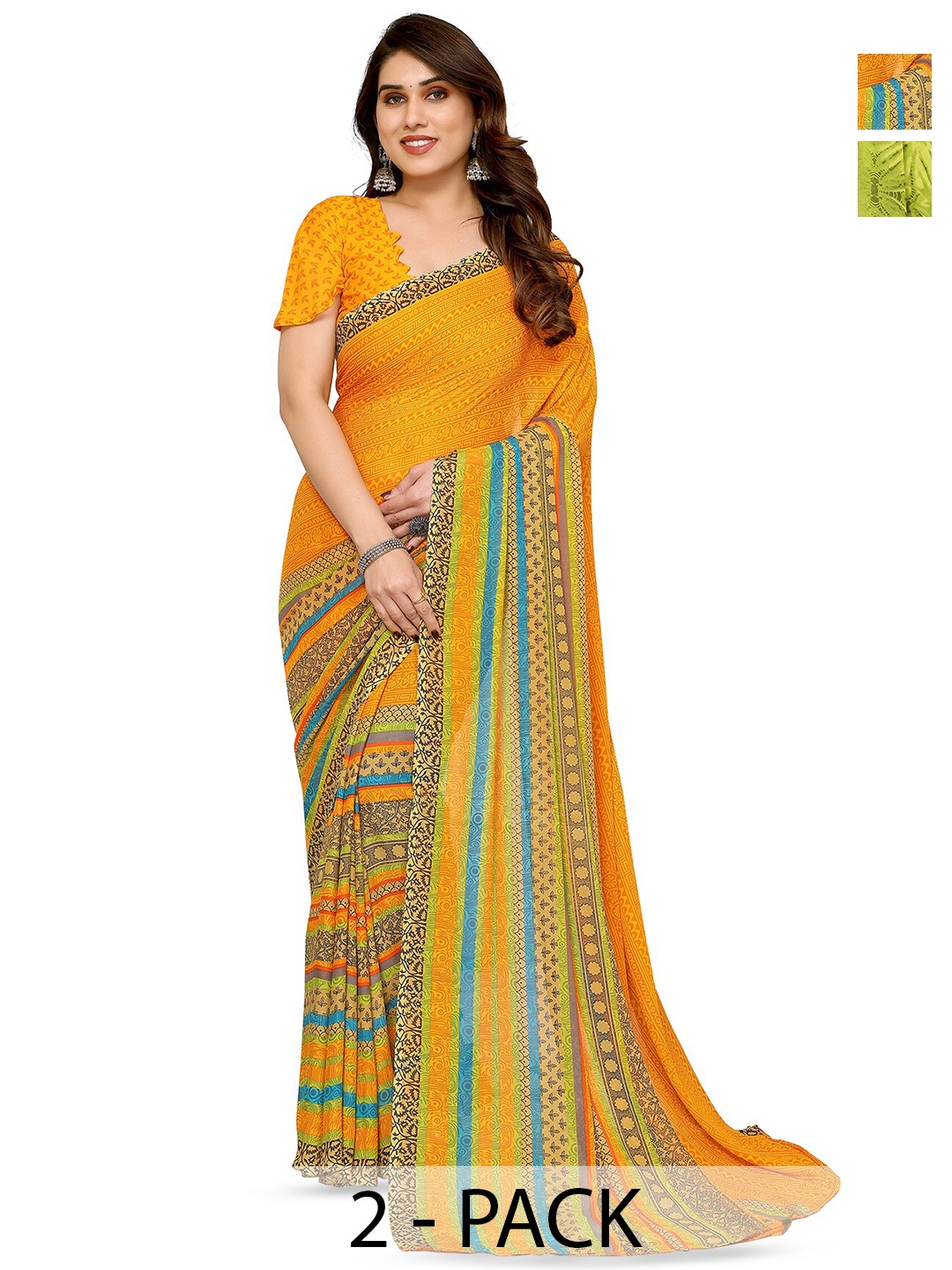 

ANAND SAREES Selection Of 2 Printed Georgette Saree, Green