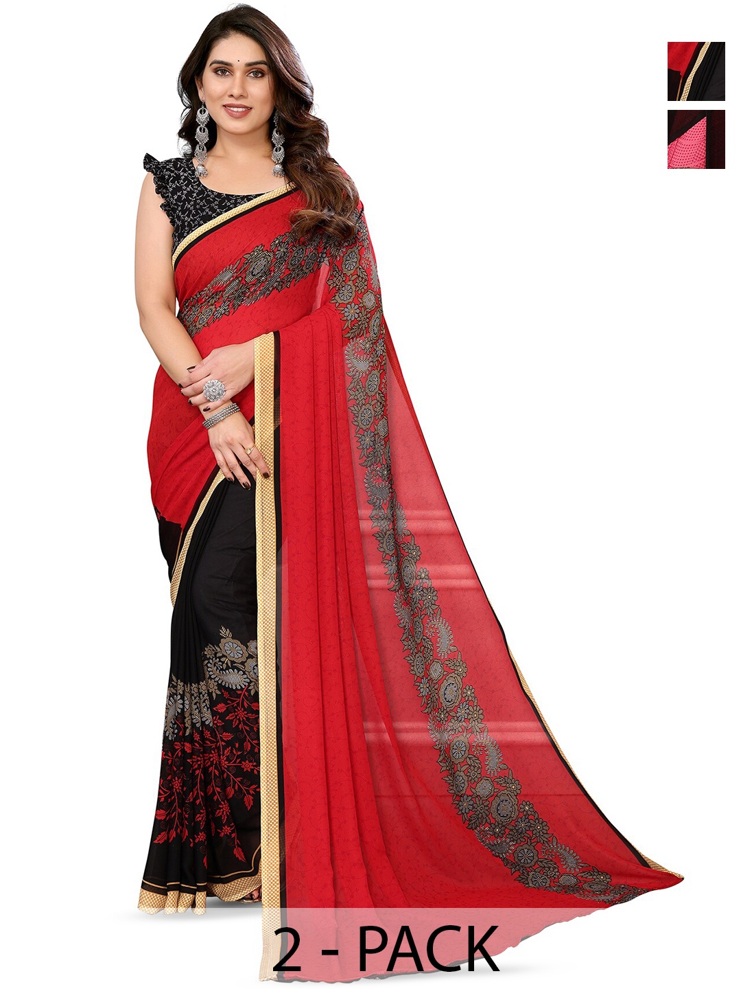 

ANAND SAREES Selection Of 2 Printed Saree, Red