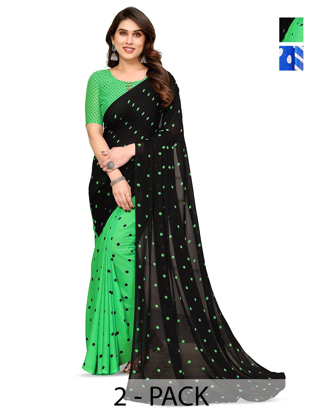 

ANAND SAREES Selection Of 2 Printed Poly Georgette Sarees, Blue