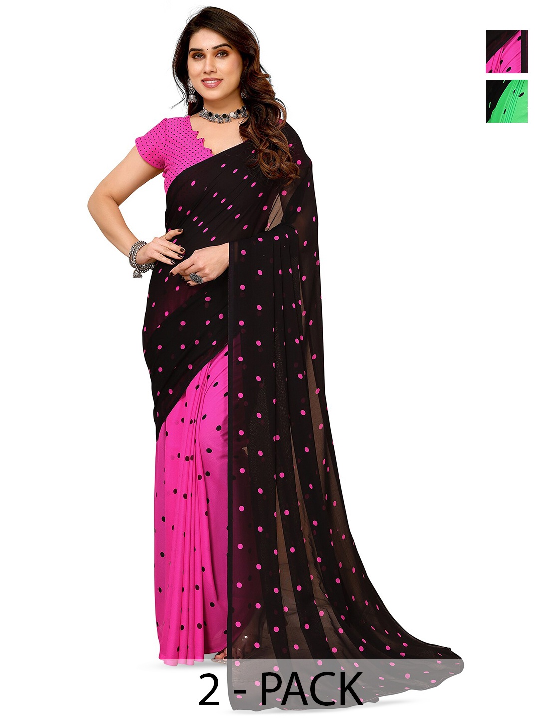 

ANAND SAREES Selection Of 2 Polka Dots Printed Saree, Green