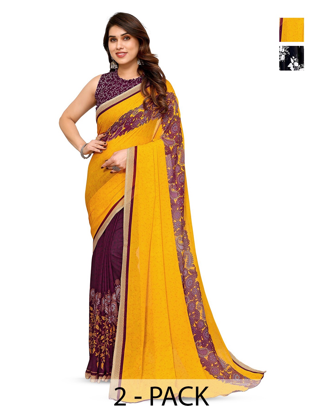 

ANAND SAREES Selection Of 2 Printed Sarees, Orange
