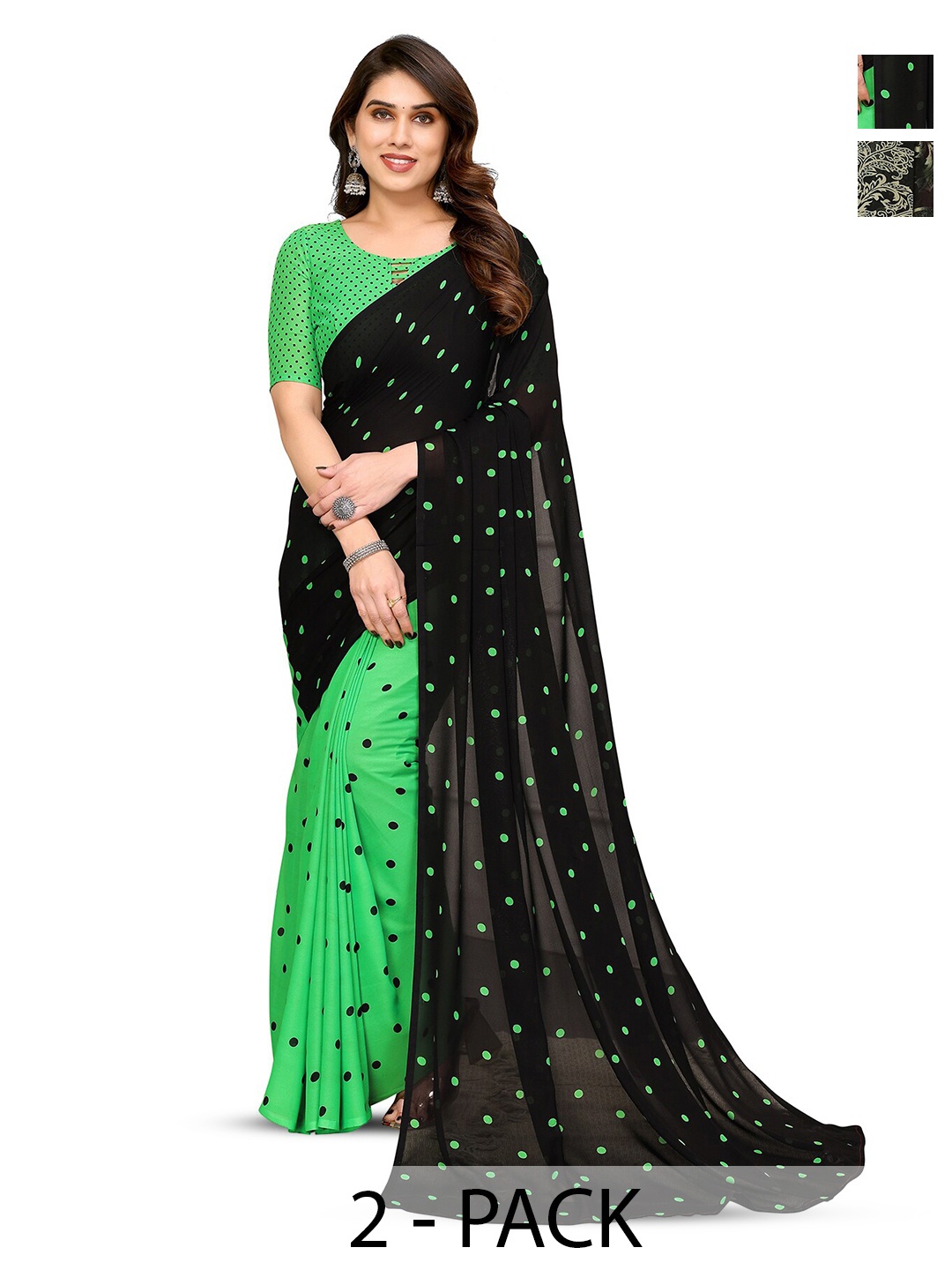 

ANAND SAREES Selection Of 2 Polka Dot Printed Sarees, Green