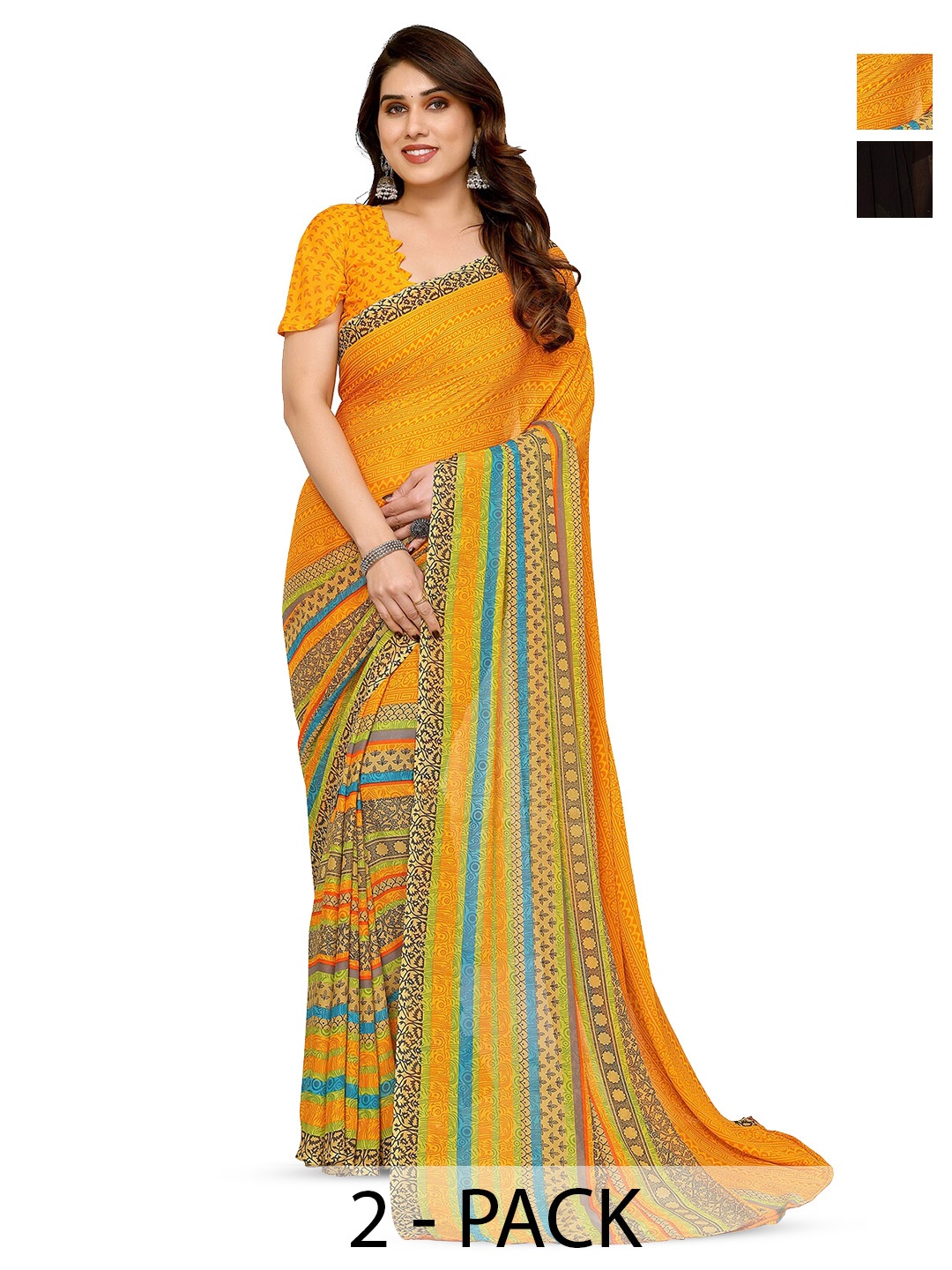 

ANAND SAREES Selection Of 2 Printed Sarees, Black