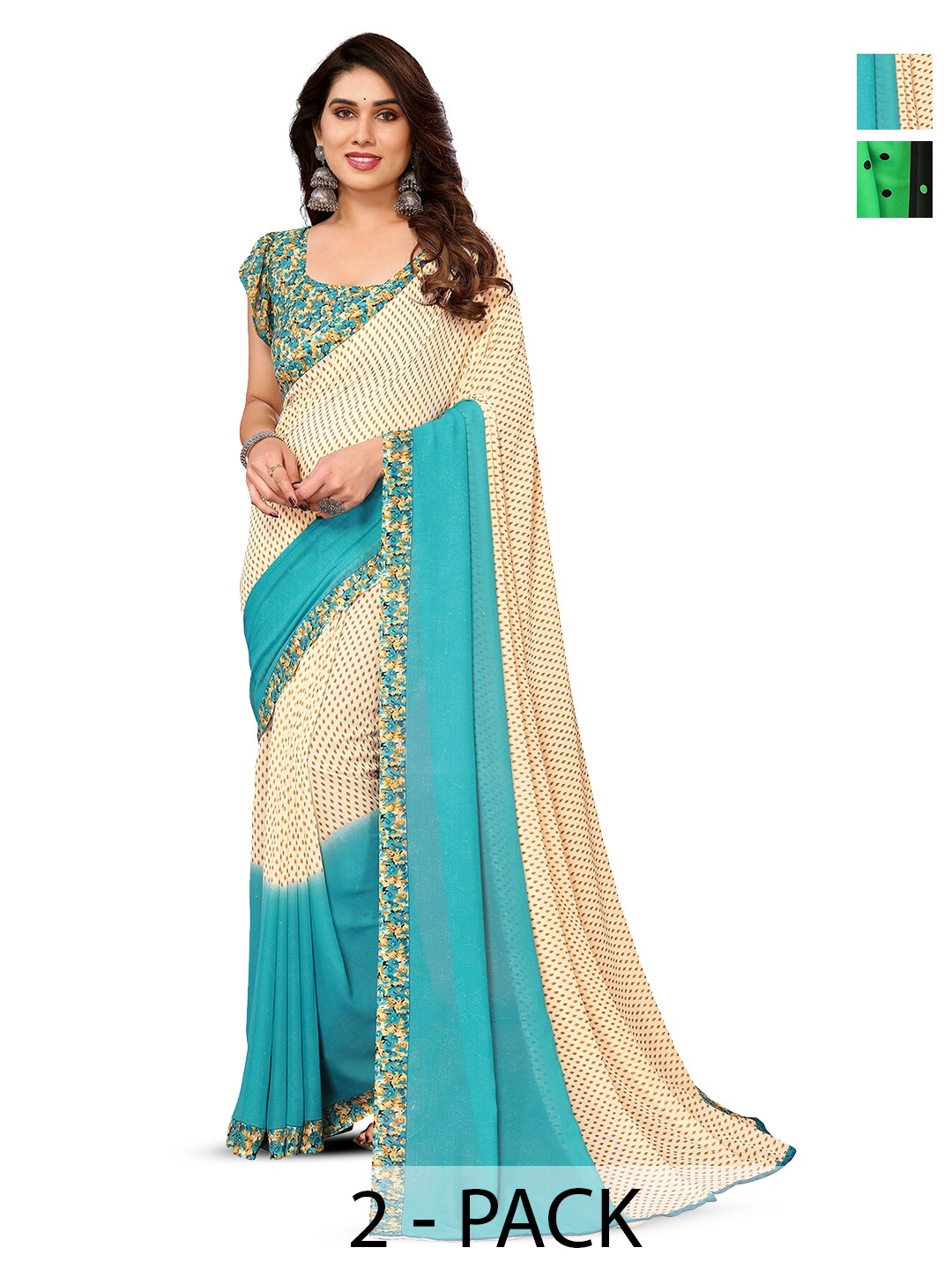 

ANAND SAREES Selection of 2 Floral Printed Sarees, Cream