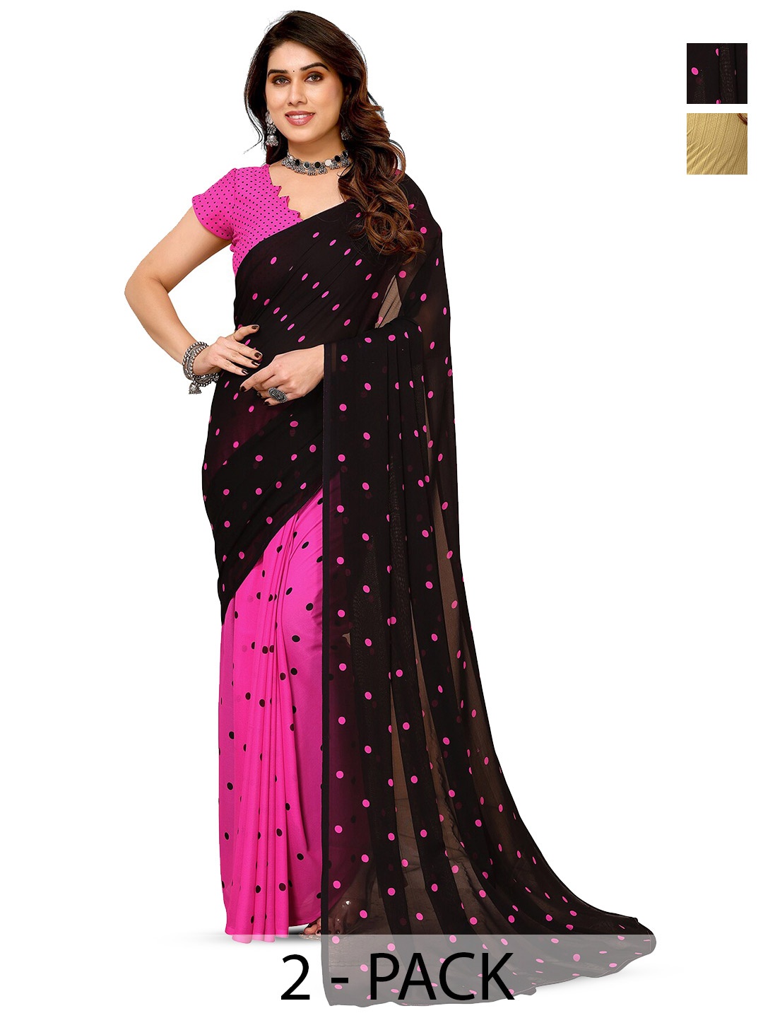 

ANAND SAREES Selection Of 2 Polka Dot Printed Saree, Black
