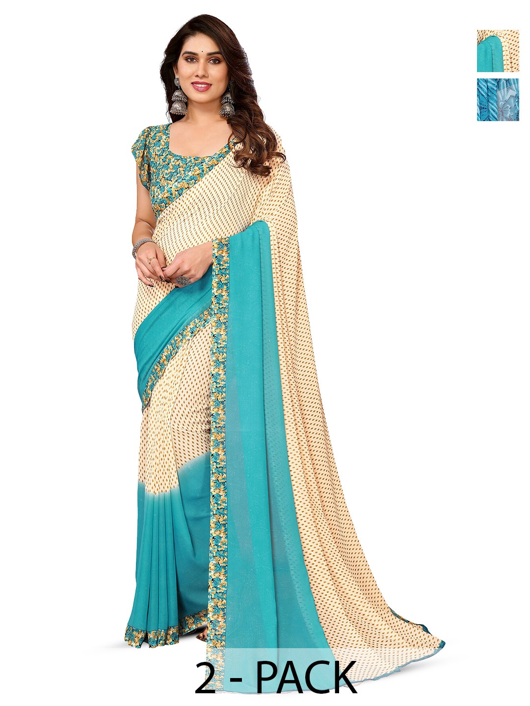 

ANAND SAREES Selection Of 2 Printed Pure Georgette Sarees, Cream
