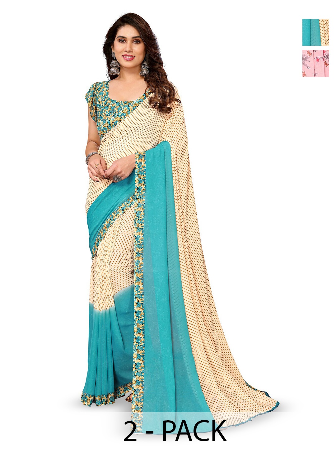 

ANAND SAREES Selection Of 2 Floral Printed Sarees, Pink