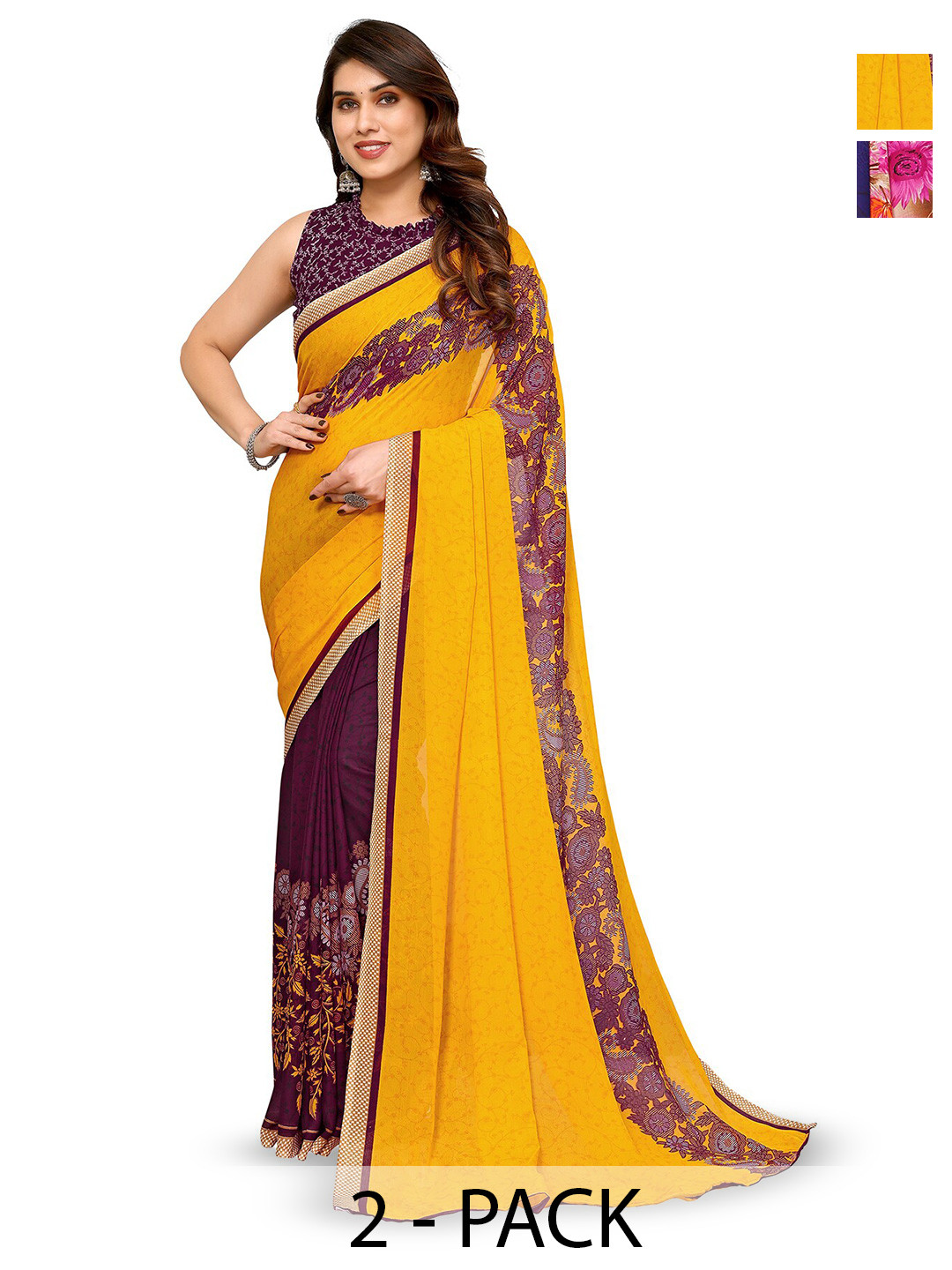 

ANAND SAREES Selection Of 2 Floral Printed Sarees, Blue