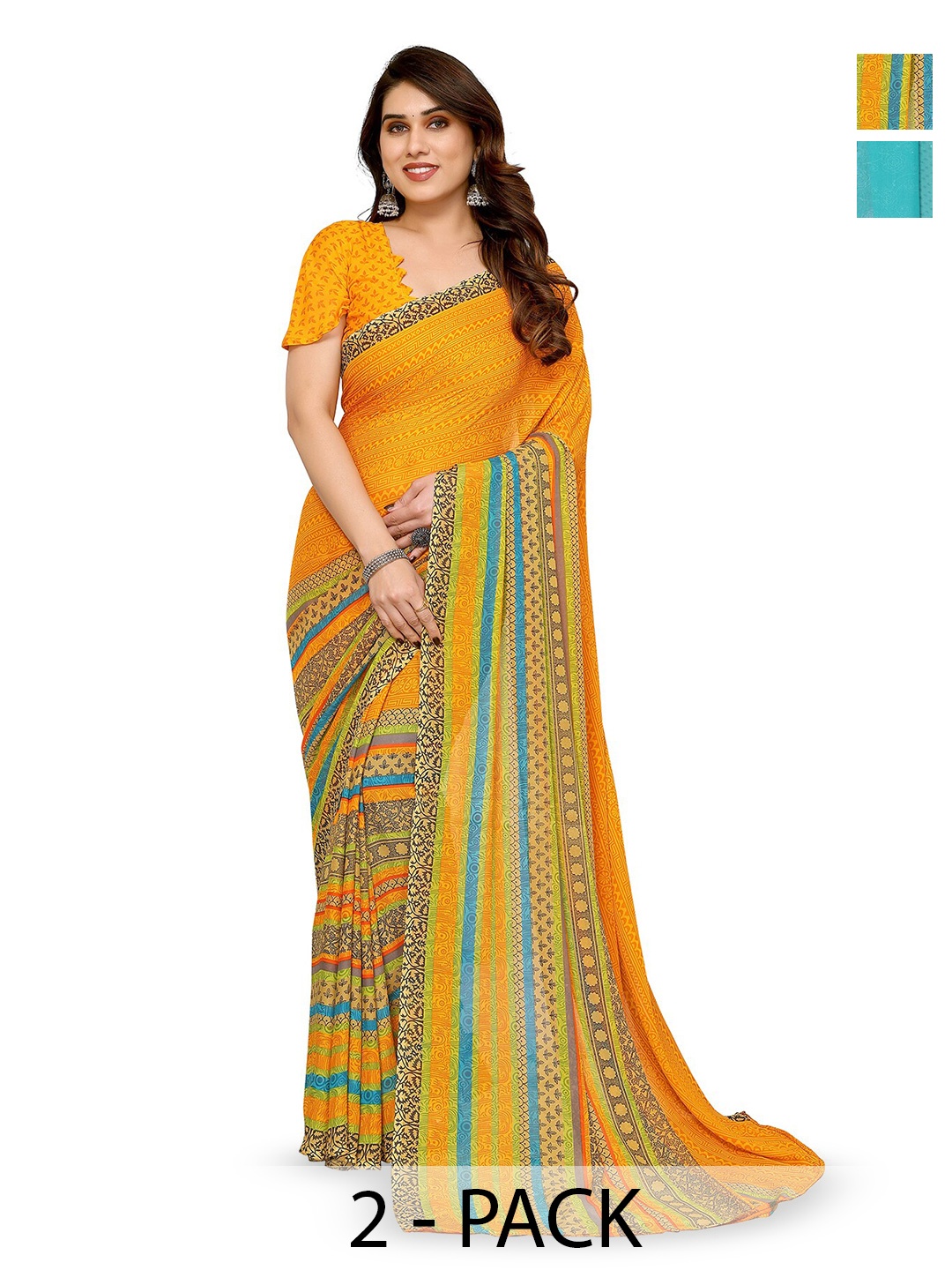 

ANAND SAREES Selection Of 2 Printed Saree, Yellow