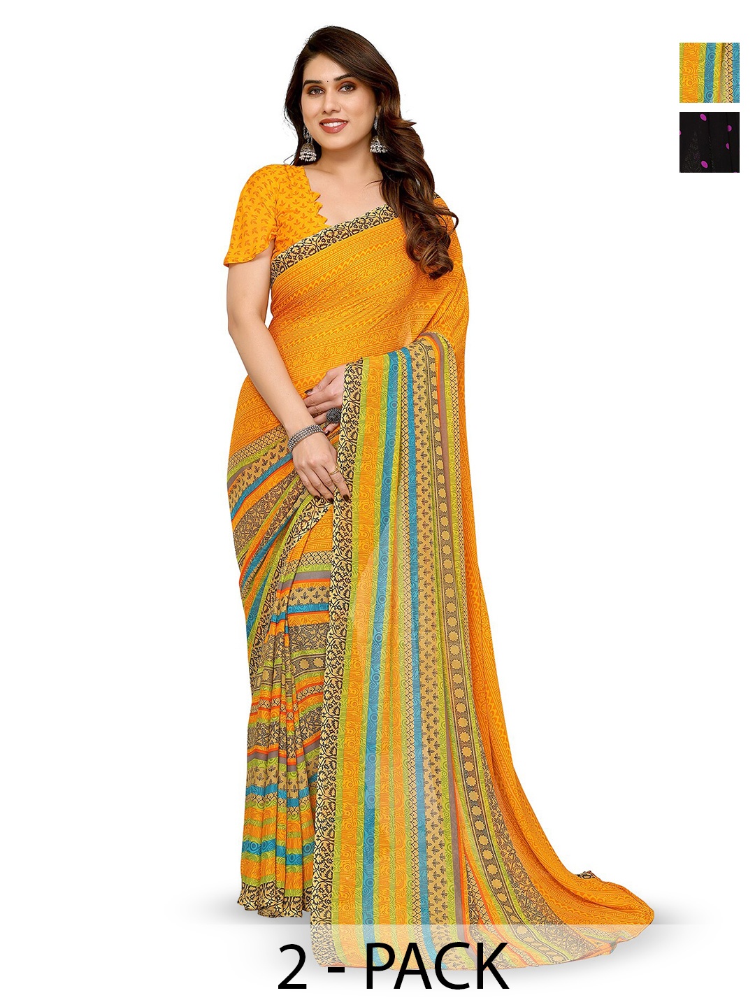 

ANAND SAREES Selection Of 2 Printed Poly Georgette Sarees, Black