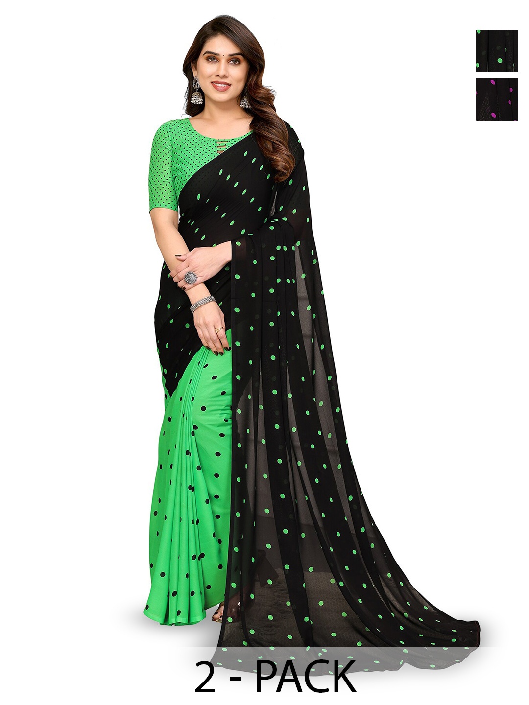 

ANAND SAREES Selection Of 2 Polka Dots Printed Saree, Black
