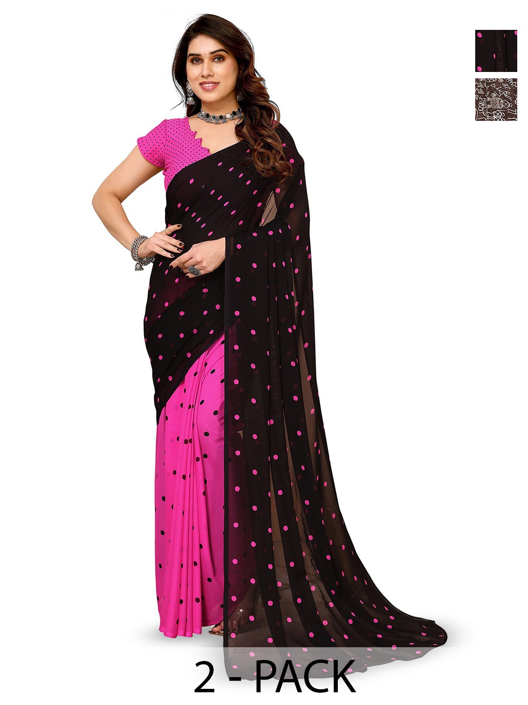 

ANAND SAREES Selection Of 2 Printed Poly Georgette Sarees, Pink