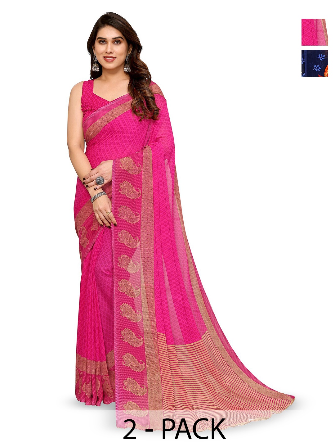 

ANAND SAREES Selection Of 2 Floral Printed Sarees, Pink