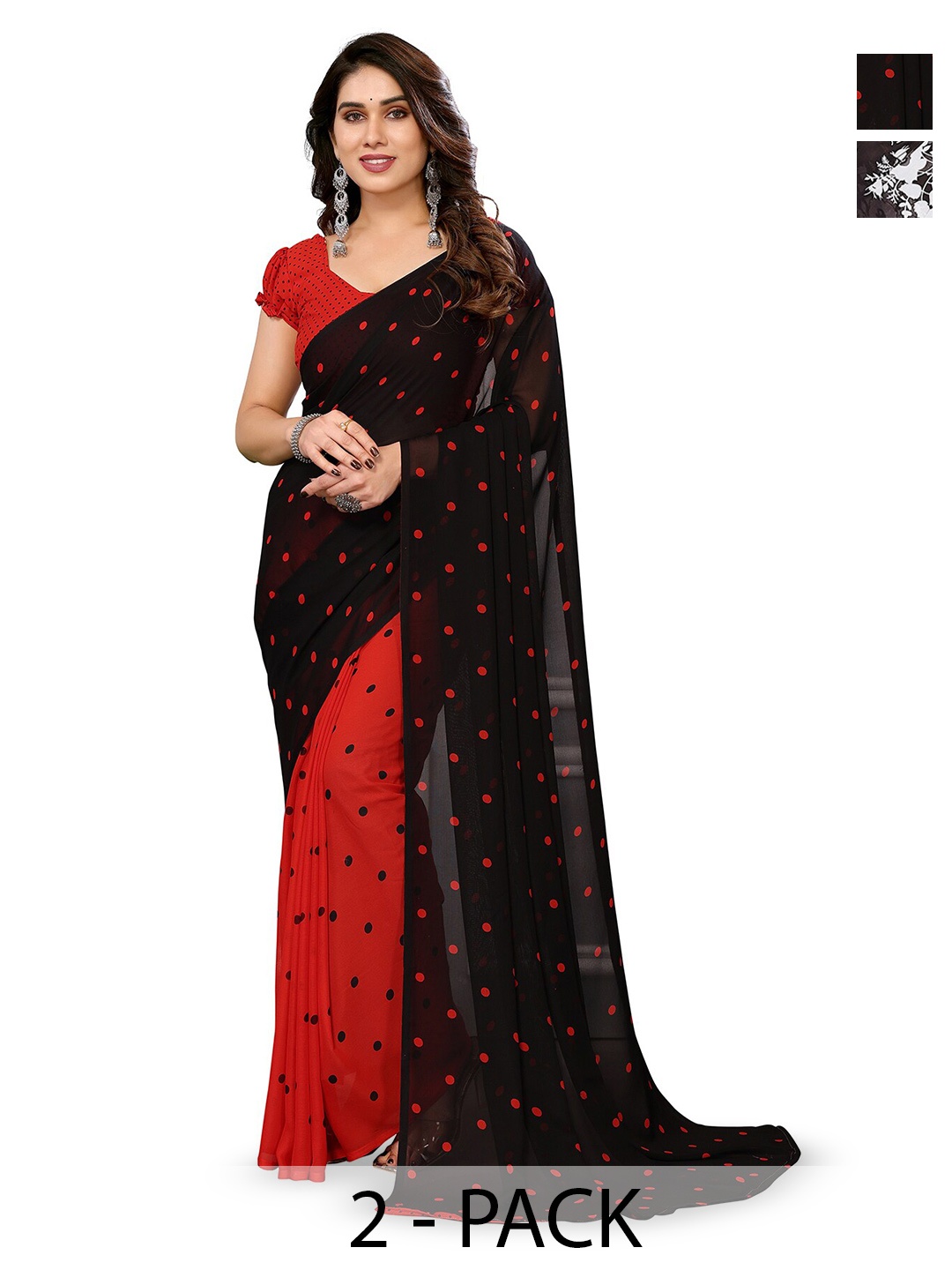 

ANAND SAREES Selection of 2 Floral Printed Sarees, Red
