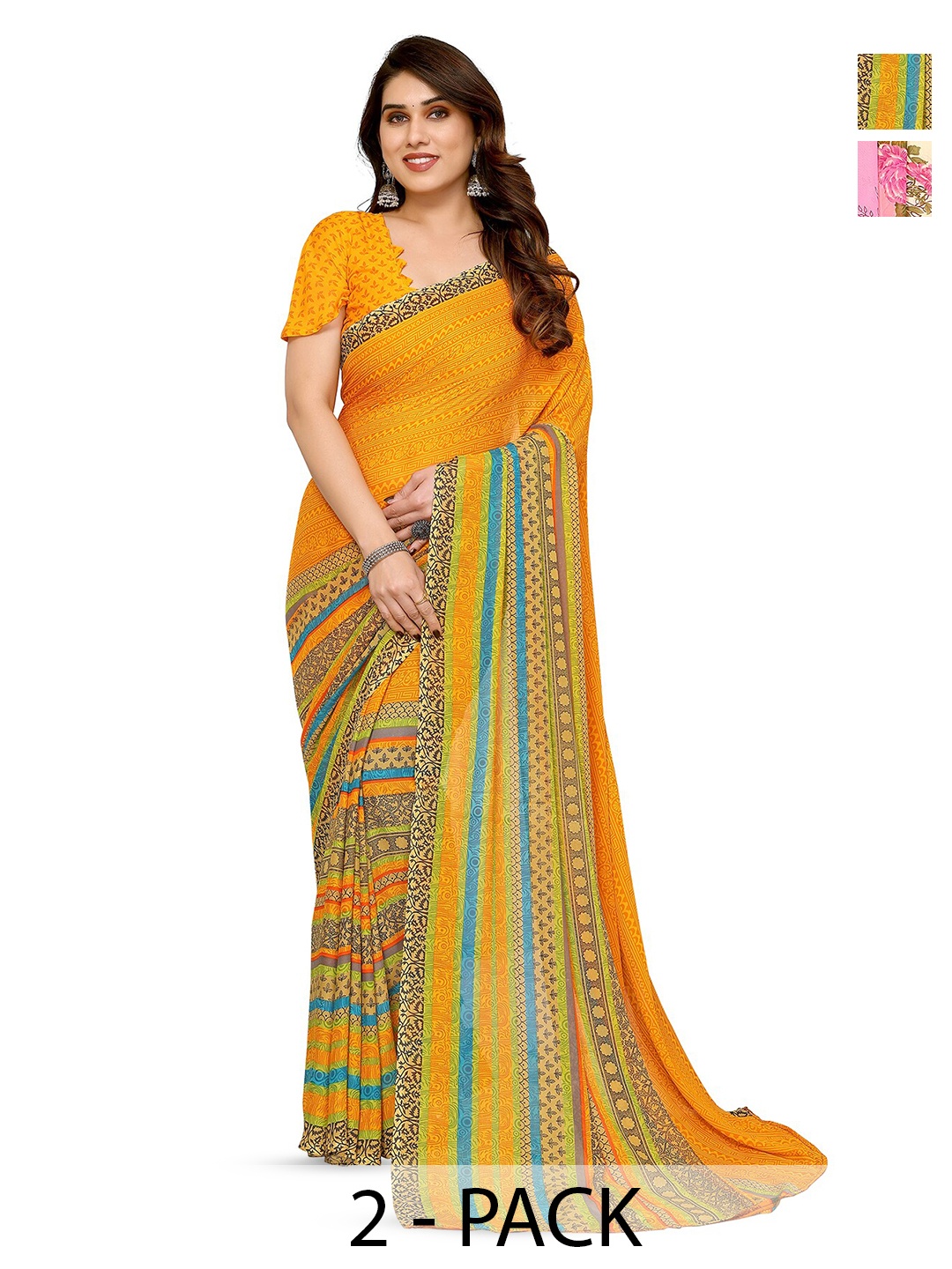 

ANAND SAREES Selection Of 2 Floral Printed Sarees, Pink