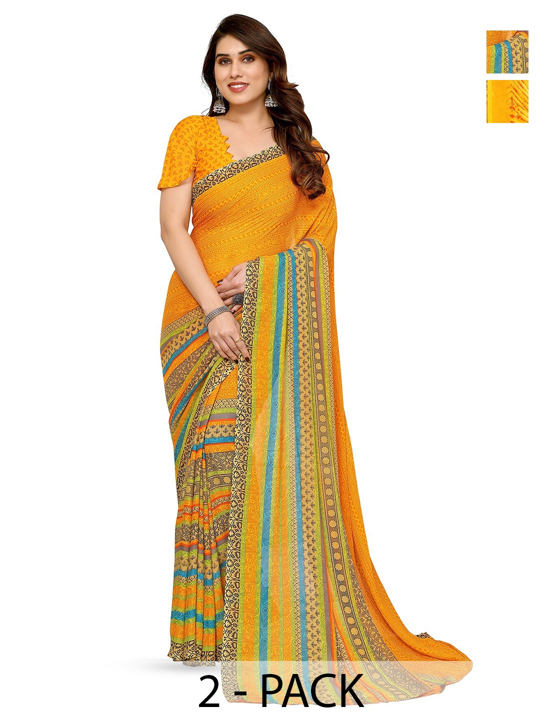 

ANAND SAREES Selection Of 2 Abstract Printed Sarees, Yellow