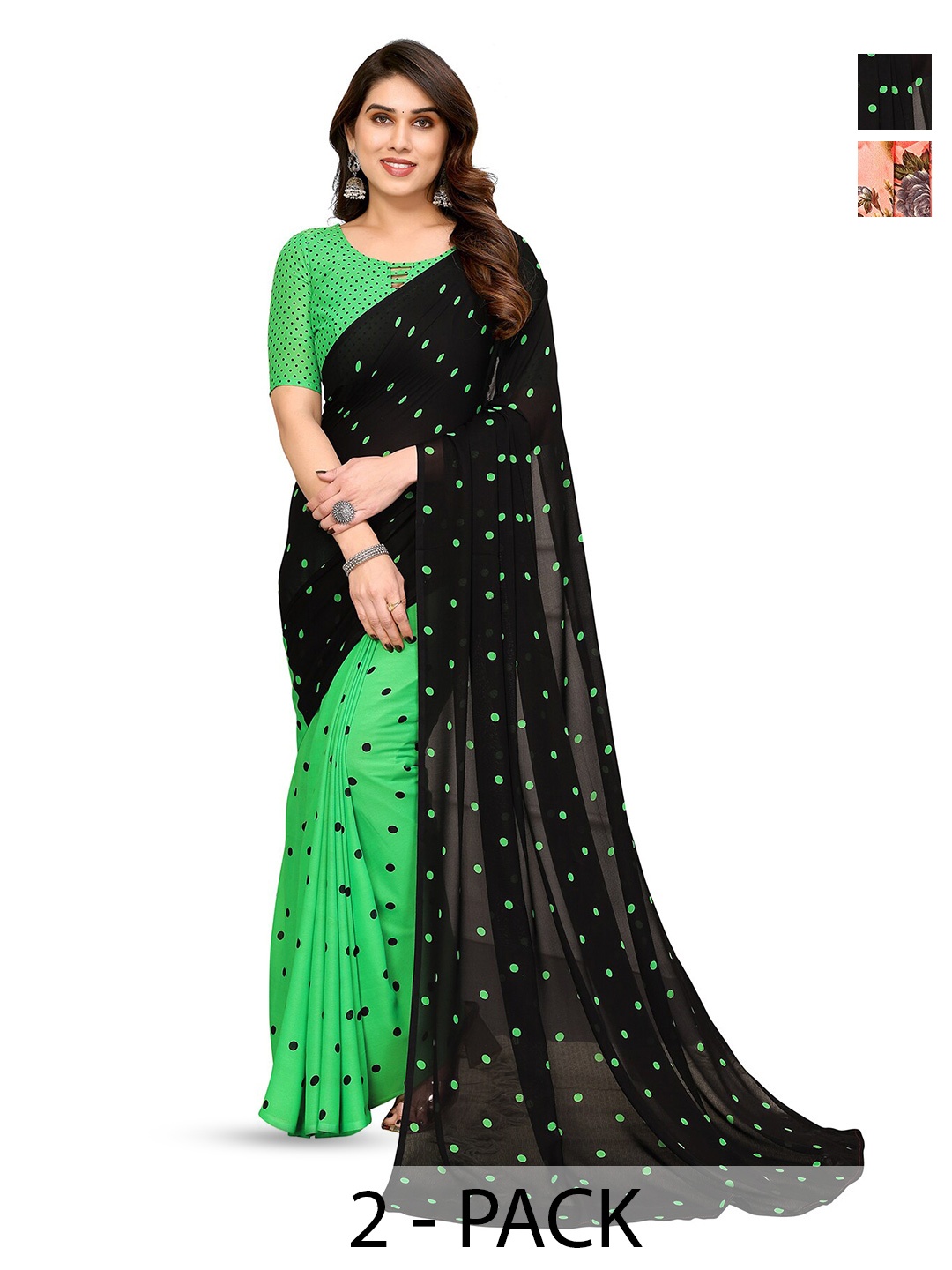 

ANAND SAREES Selection of 2 Polka Dots Printed Sarees, Green